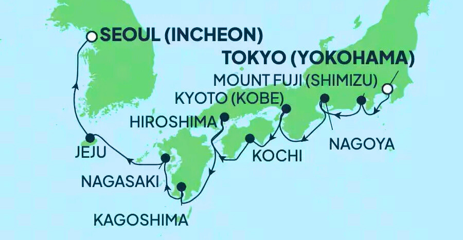 11 night Japan - South Korea, fly-stay-cruise itinerary map 11 night Japan - South Korea, fly-stay-cruise itinerary map